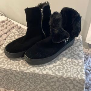 J slide black suede faux fur lined booties